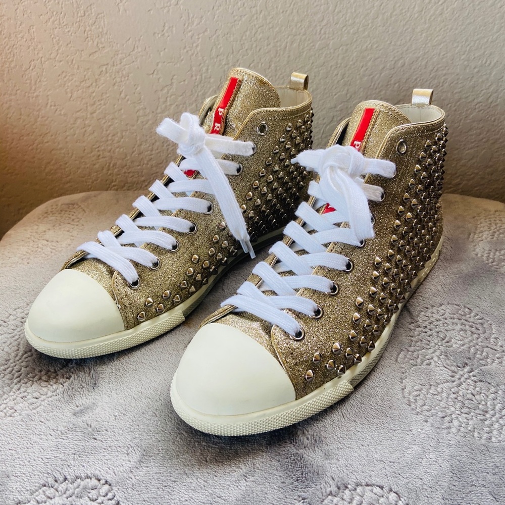 Prada Studded Glitter High-Top Sneakers - Gold